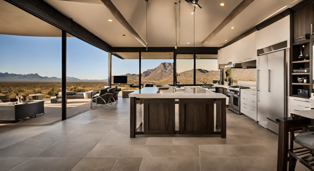 Luxury modern Arizona desert home with panoramic mountain views | Open-concept kitchen and living room in Scottsdale or Paradise Valley