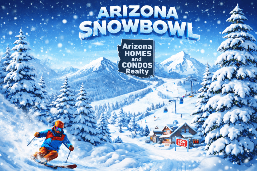 Arizona Snowbowl ski resort in Flagstaff with snowy mountains, skier on slope, and Arizona Homes and Condos Realty logo centered under Arizona Snowbowl text.