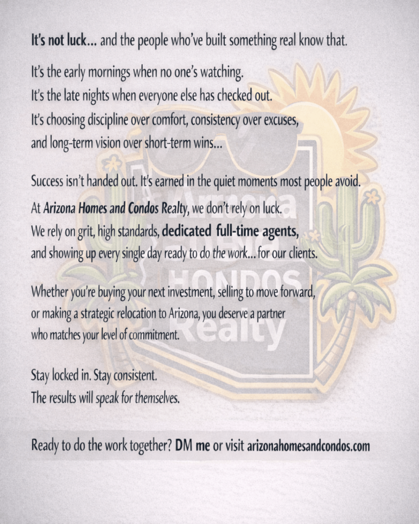 Arizona Homes and Condos Realty motivational graphic emphasizing dedicated full-time real estate agents in Arizona with success driven by discipline and consistency