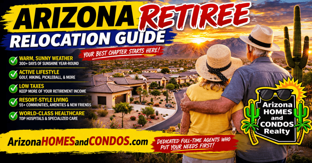 Retiree couple enjoying outdoor living in Arizona desert community with golf course and sunshine — Arizona retiree relocation guide