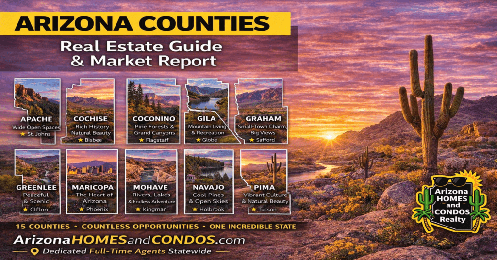 Arizona counties real estate guide featuring all 15 counties with housing insights, lifestyle differences and statewide market overview