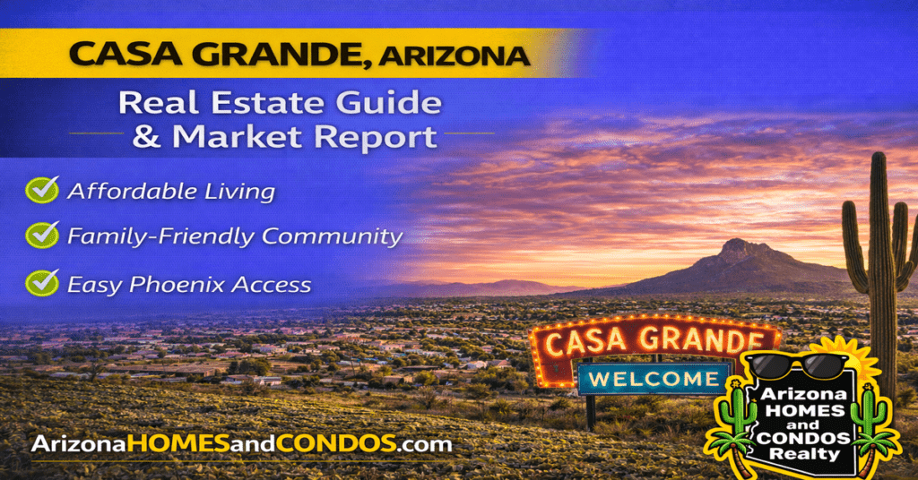 Casa Grande Arizona real estate guide and market report featuring new construction homes, affordable housing, and desert landscape between Phoenix and Tucson