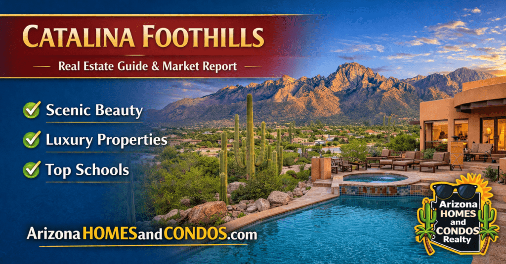 Catalina Foothills Arizona real estate guide and market report featuring luxury hillside homes, panoramic Tucson views, and upscale desert living
