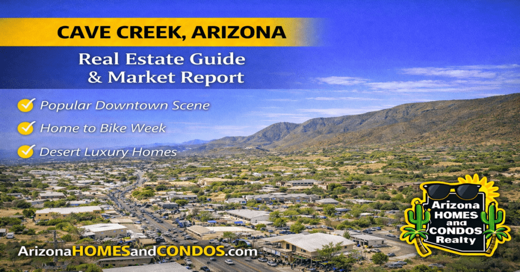 Cave Creek Arizona real estate guide and market report featuring luxury desert homes, large private lots, mountain views, and upscale Arizona lifestyle