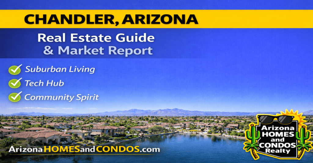Chandler Arizona real estate guide and market report featuring upscale suburban homes, green landscaping, and high quality family living