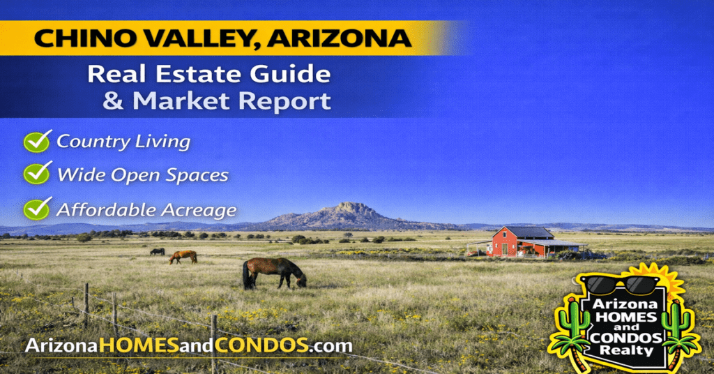 Chino Valley Arizona real estate guide and market report featuring open land, ranch homes, mountain views, and quiet rural living near Prescott