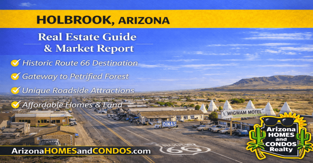 Holbrook Arizona real estate guide and market report featuring Route 66 historic buildings desert landscape and affordable homes