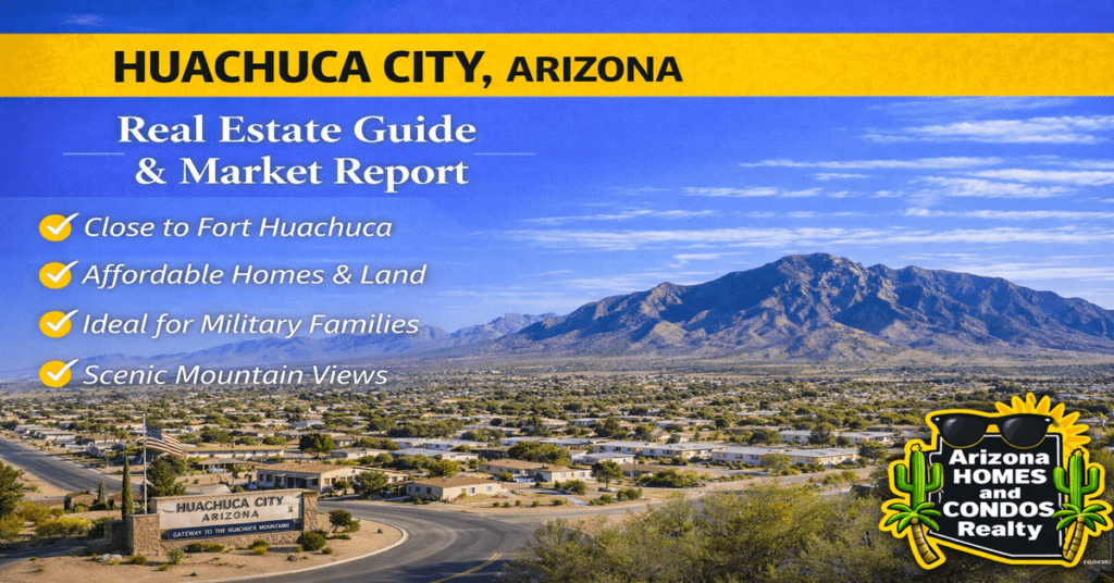 Huachuca City Arizona real estate guide and market report featuring small town homes desert landscape and proximity to Fort Huachuca