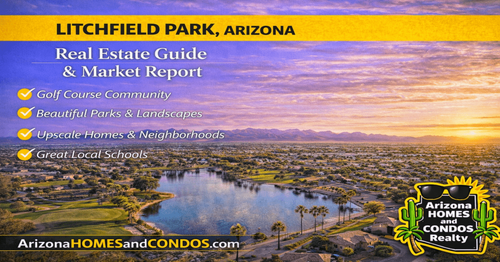 Litchfield Park Arizona real estate guide and market report featuring tree lined streets golf course homes and upscale neighborhood living