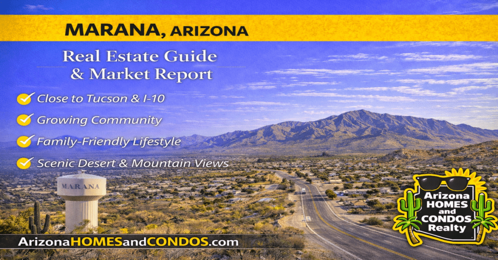Marana Arizona real estate guide and market report featuring new construction homes desert landscape and mountain views near Tucson
