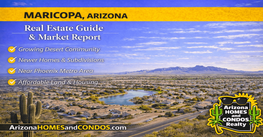 Maricopa Arizona real estate guide and market report featuring new construction homes master planned communities and desert landscape