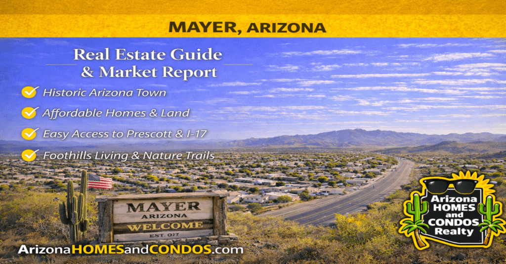 Mayer Arizona real estate guide and market report featuring rural homes open land and desert landscape near Prescott
