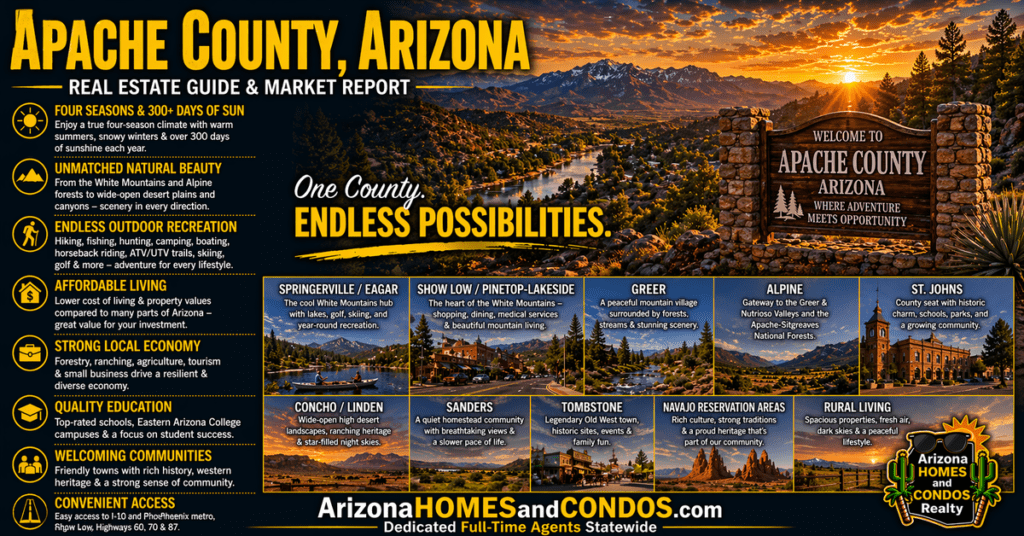 Apache County Arizona real estate guide and market report featuring open land desert landscape rural homes and wide open space
