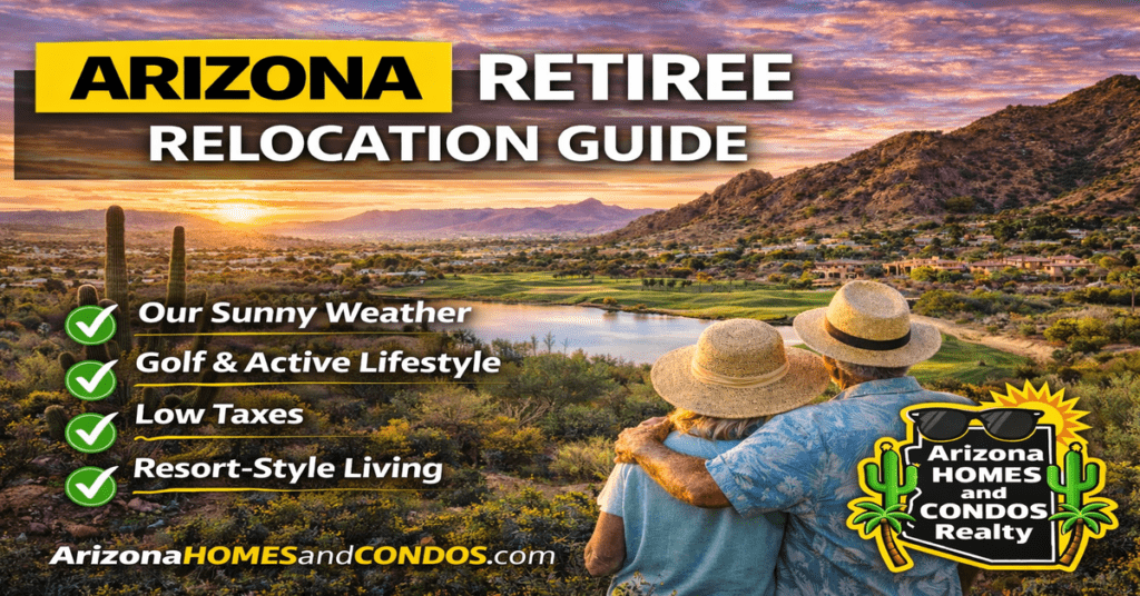 Arizona retiree relocation guide showing desert golf lifestyle mountain views and active retirement living in Arizona