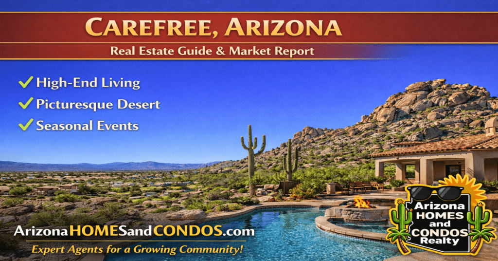 Carefree Arizona real estate guide and market report featuring luxury desert homes, mountain views, and quiet upscale lifestyle