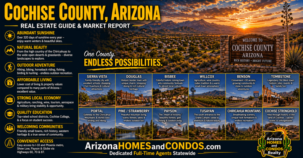 Cochise County Arizona real estate guide and market report featuring desert landscape historic towns rural homes and mountain views