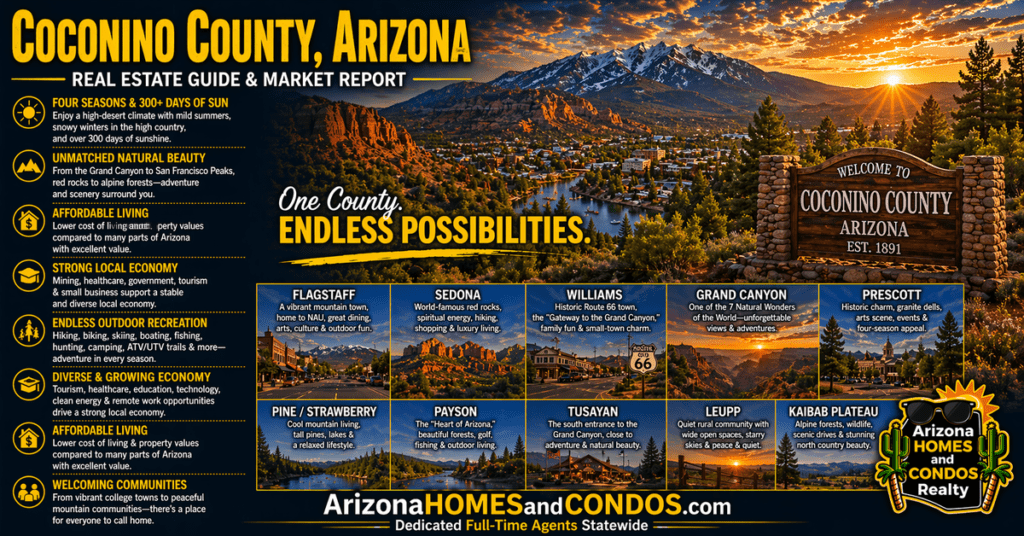 Coconino County Arizona real estate guide and market report featuring Flagstaff Sedona red rocks mountain landscape and forest living