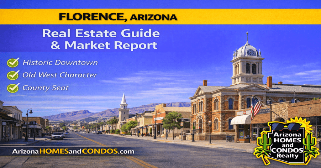 Florence Arizona real estate guide and market report featuring historic downtown homes and growing master planned communities
