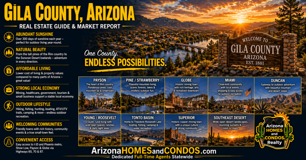 Gila County Arizona real estate guide and market report featuring mountain towns forest landscape and rural living in central Arizona