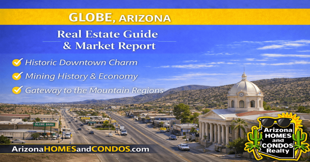 Globe Arizona real estate guide and market report featuring historic downtown homes desert mountains and affordable small town living