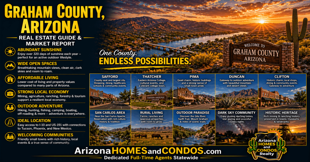 Graham County Arizona real estate guide and market report featuring rural homes desert landscape and small town communities in southeastern Arizona