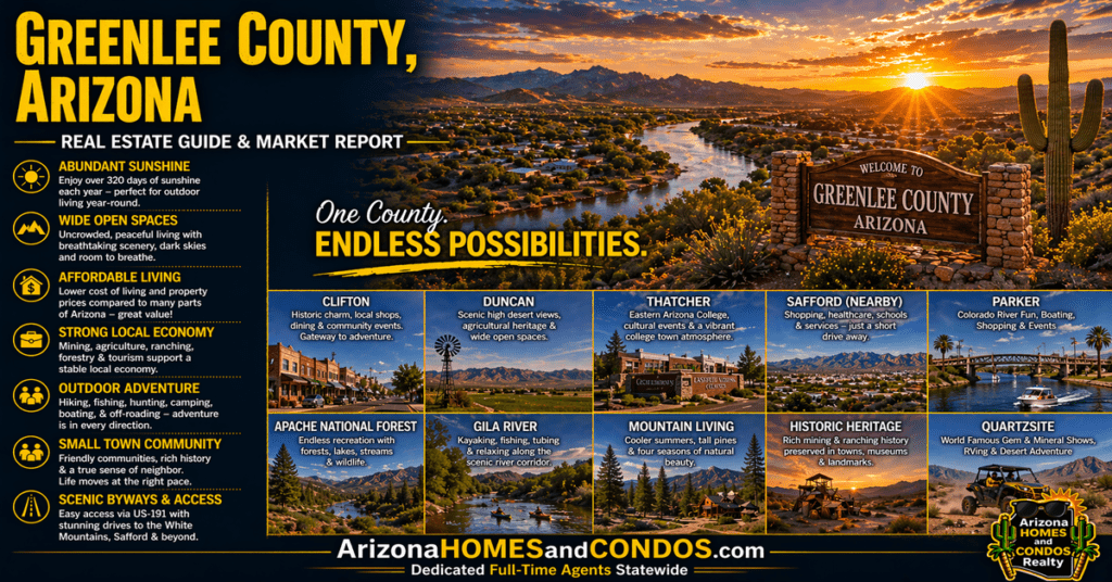 Greenlee County Arizona real estate guide and market report featuring small town homes desert mountains and mining community living