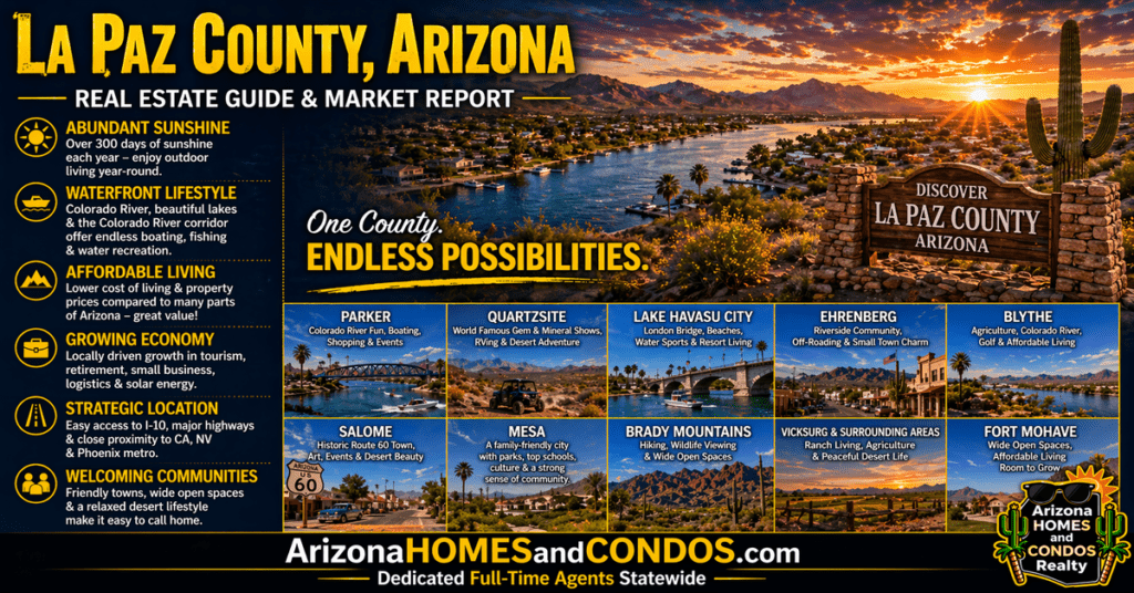 La Paz County Arizona real estate guide and market report featuring Colorado River desert landscape RV communities and open land