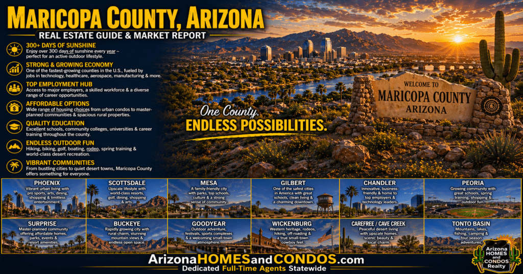 Maricopa County Arizona real estate guide and market report featuring Phoenix skyline suburban communities and desert landscape