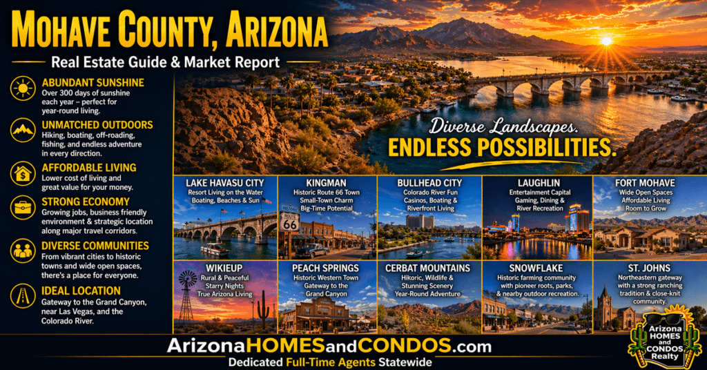 Mohave County Arizona real estate guide and market report featuring Colorado River desert landscape and western Arizona communities