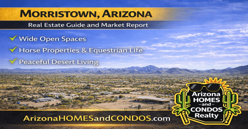 Morristown Arizona real estate guide and market report featuring open land desert landscape and rural homes near Phoenix
