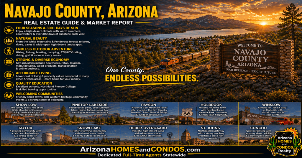 Navajo County Arizona real estate guide and market report featuring pine forests mountain homes and rural communities in northern Arizona