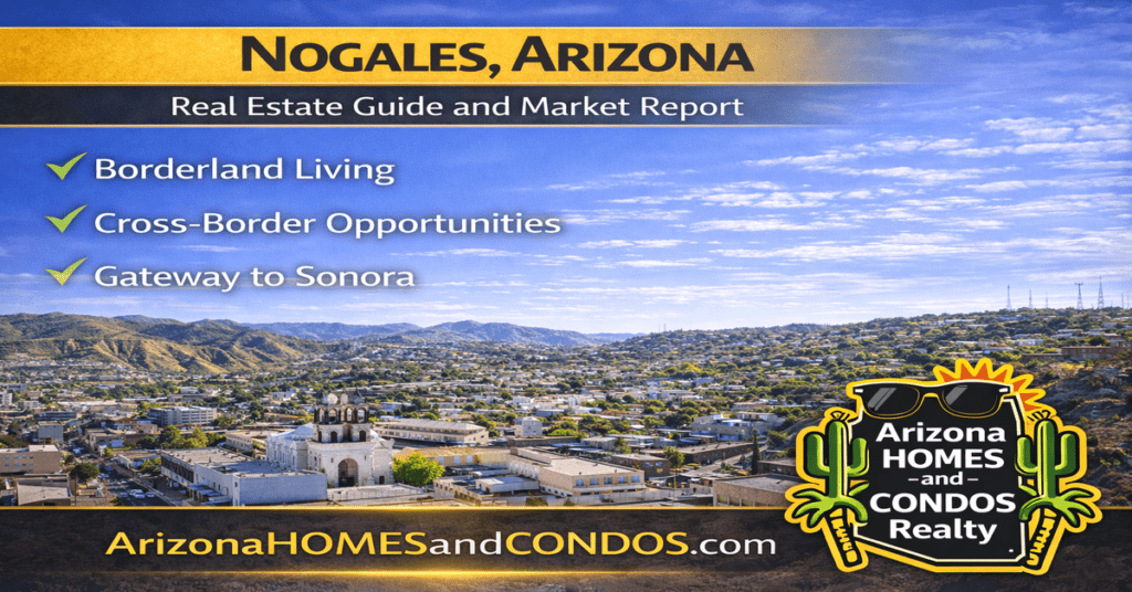 Nogales Arizona real estate guide and market report featuring small town homes desert landscape and border city living