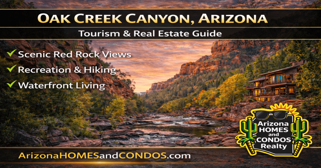 Oak Creek Canyon Arizona real estate guide and market report featuring red rock canyon views creekside homes and scenic landscape near Sedona