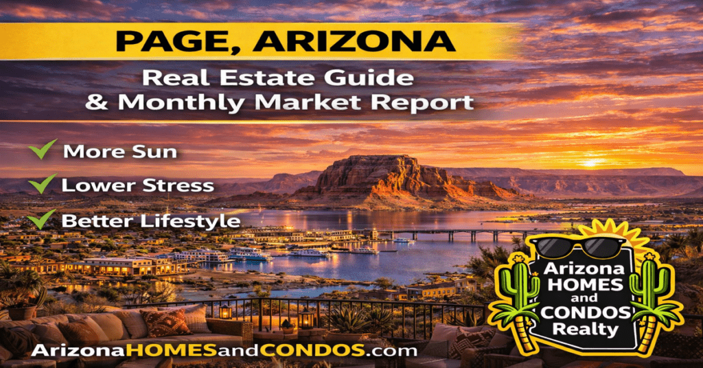 Page Arizona real estate guide and market report featuring Lake Powell Antelope Canyon scenic views and desert landscape