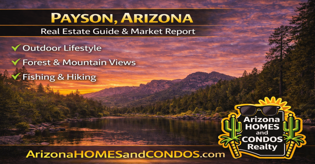 Payson Arizona real estate guide and market report featuring mountain homes pine trees and forest landscape near Phoenix