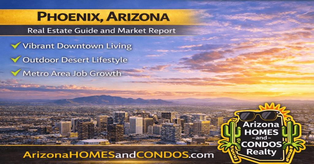 Phoenix Arizona real estate guide and market report featuring skyline desert landscape and diverse housing options