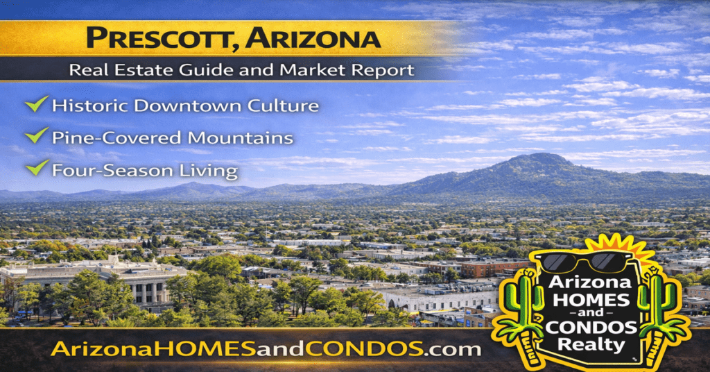 Prescott Arizona real estate guide and market report featuring historic downtown homes pine trees and mountain lifestyle