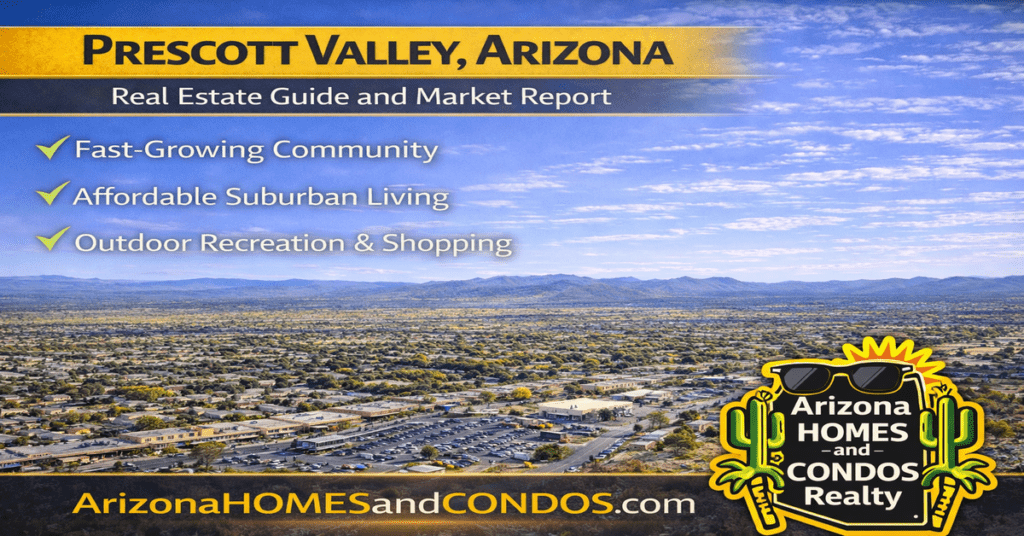Prescott Valley Arizona real estate guide and market report featuring suburban homes mountain views and growing communities