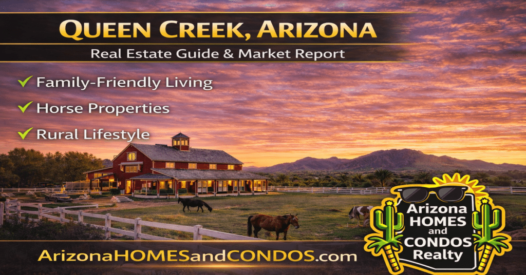 Queen Creek Arizona real estate guide and market report featuring new construction homes suburban neighborhoods and desert landscape