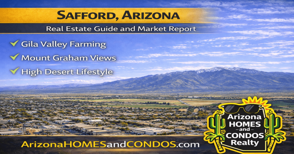 Stafford Arizona real estate guide and market report featuring rural homes open land and desert mountain landscape near Safford