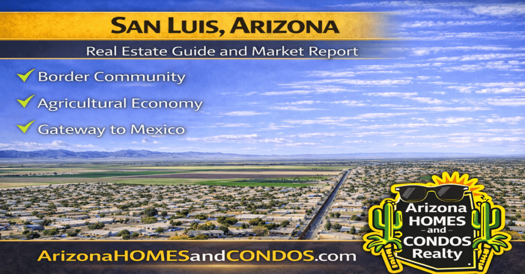 San Luis Arizona real estate guide and market report featuring suburban homes desert landscape and border city living near Yuma
