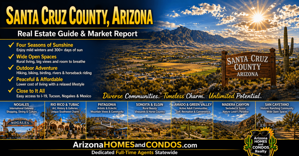 Santa Cruz County Arizona real estate guide and market report featuring desert landscape mountain views and southern Arizona communities