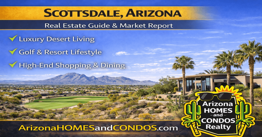 Scottsdale Arizona real estate guide and market report featuring luxury homes golf courses desert landscape and upscale living