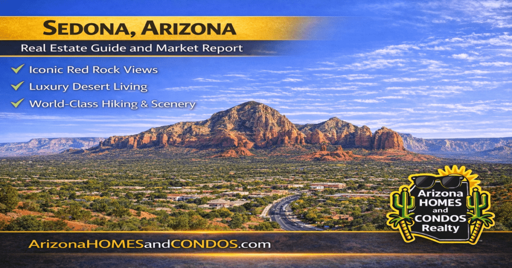 Sedona Arizona real estate guide and market report featuring red rock mountains luxury homes and scenic desert landscape