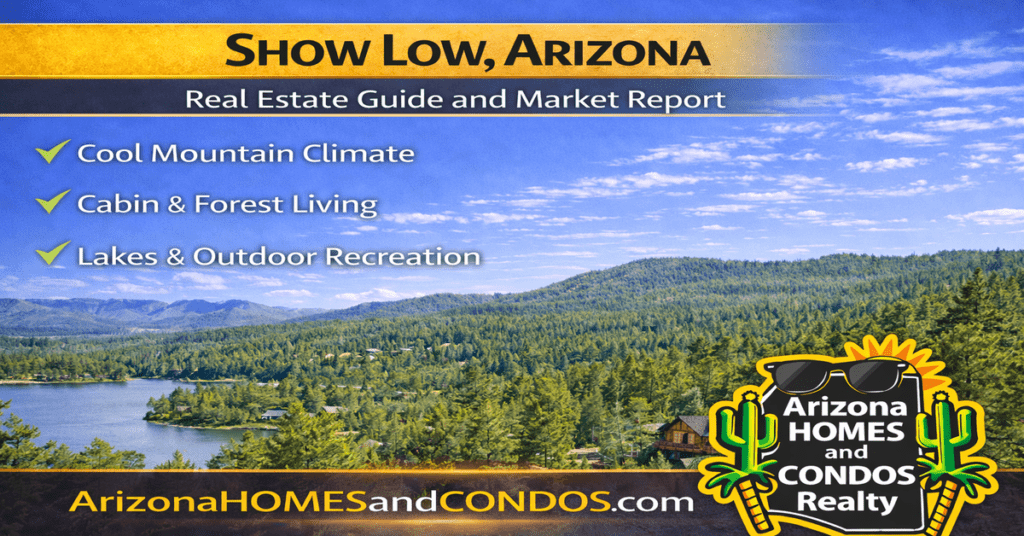 Show Low Arizona real estate guide and market report featuring mountain homes pine forests and outdoor lifestyle in the White Mountains