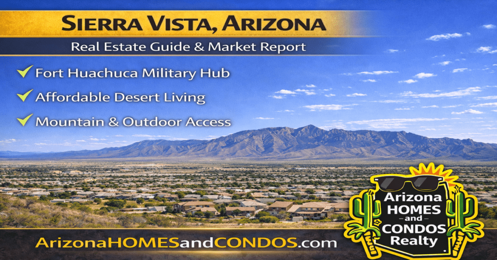 Sierra Vista Arizona real estate guide and market report featuring suburban homes mountain views and proximity to Fort Huachuca