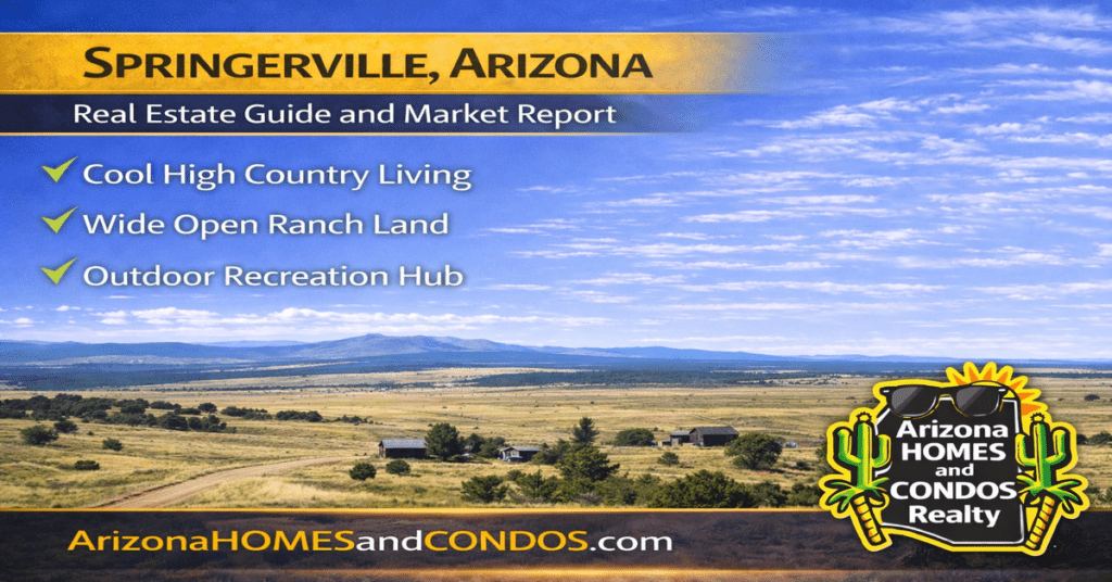 Springerville Arizona real estate guide and market report featuring rural homes open land and mountain landscape in the White Mountains