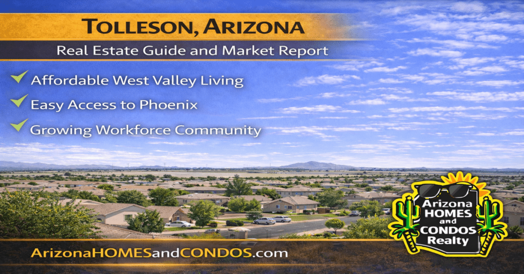 Tolleson Arizona real estate guide and market report featuring suburban homes central location and proximity to Phoenix jobs