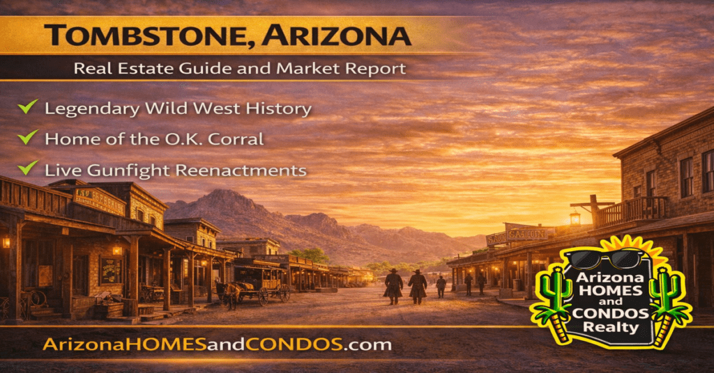 Tombstone Arizona real estate guide and market report featuring historic buildings Wild West setting and desert landscape
