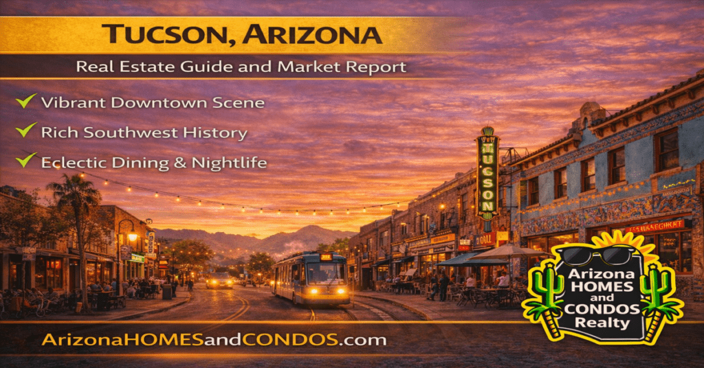 Tucson Arizona real estate guide and market report featuring desert mountain views suburban homes and city skyline